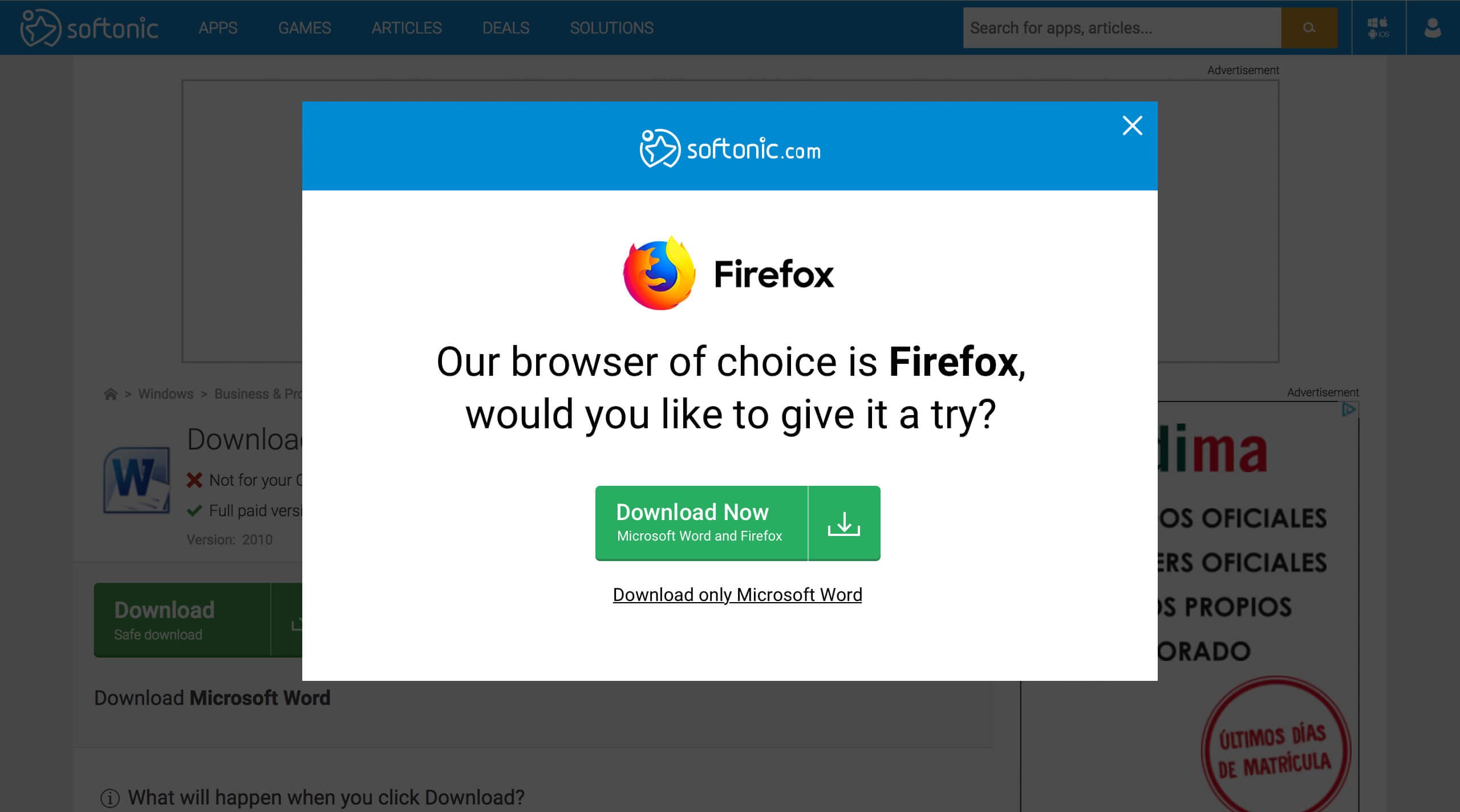 Softonic native download intent modal, refined iteration