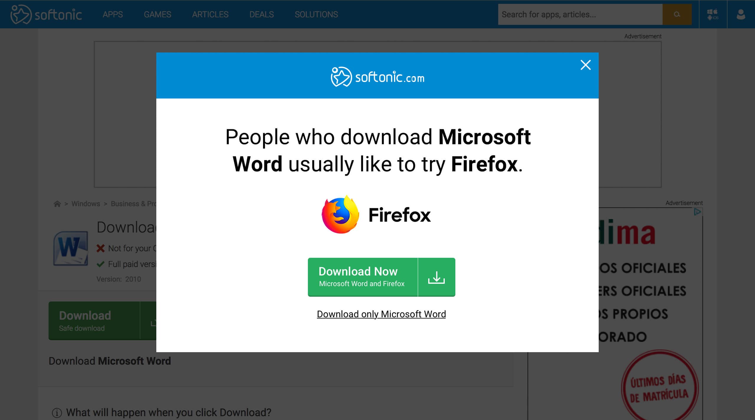 Softonic native download intent modal, selected format for initial testing