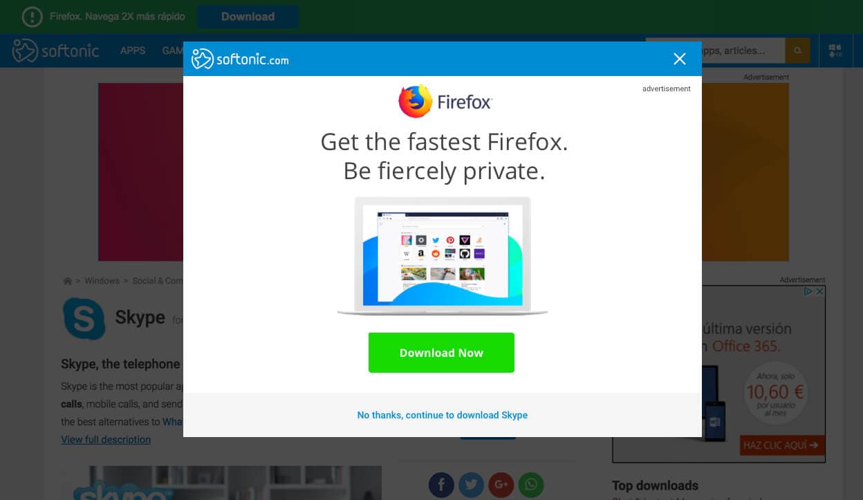 Softonic download intent modal A/B test, clear messaging variant