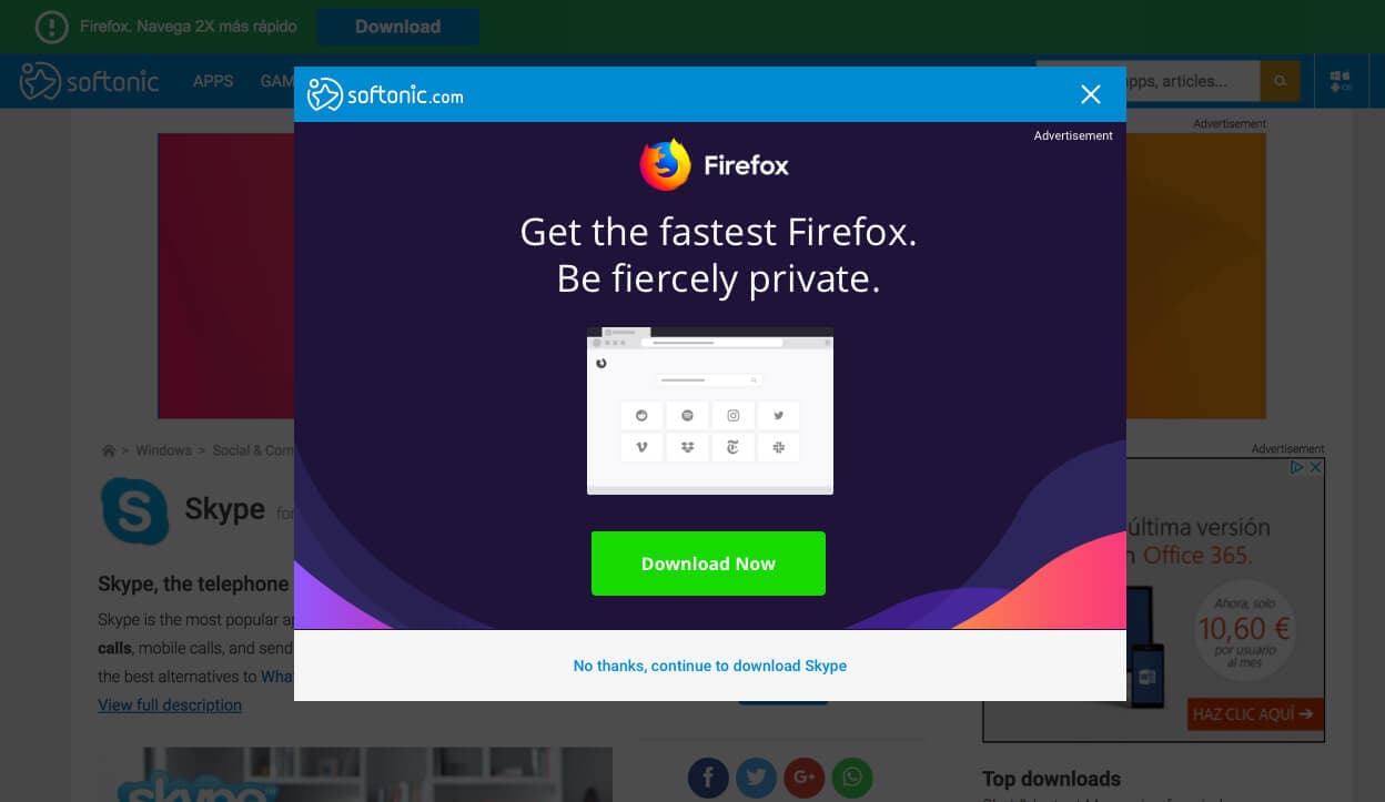 Softonic download intent modal A/B test, value proposition variant
