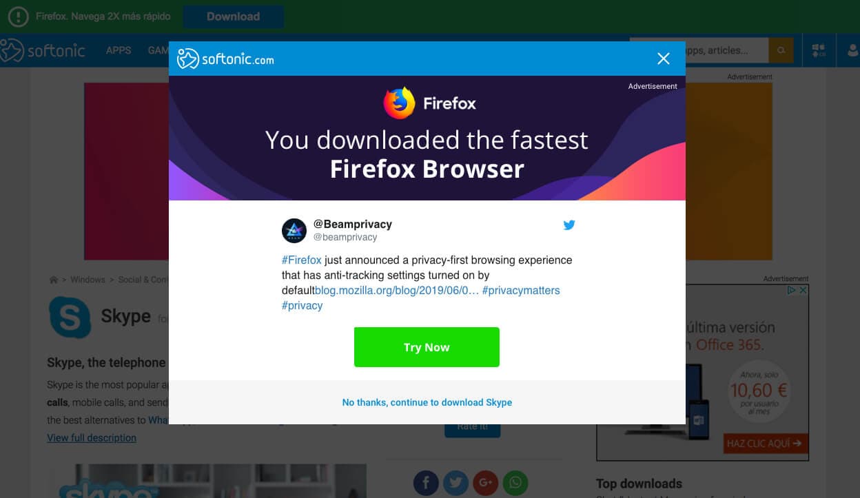 Softonic download intent modal with social proof and user testimonials