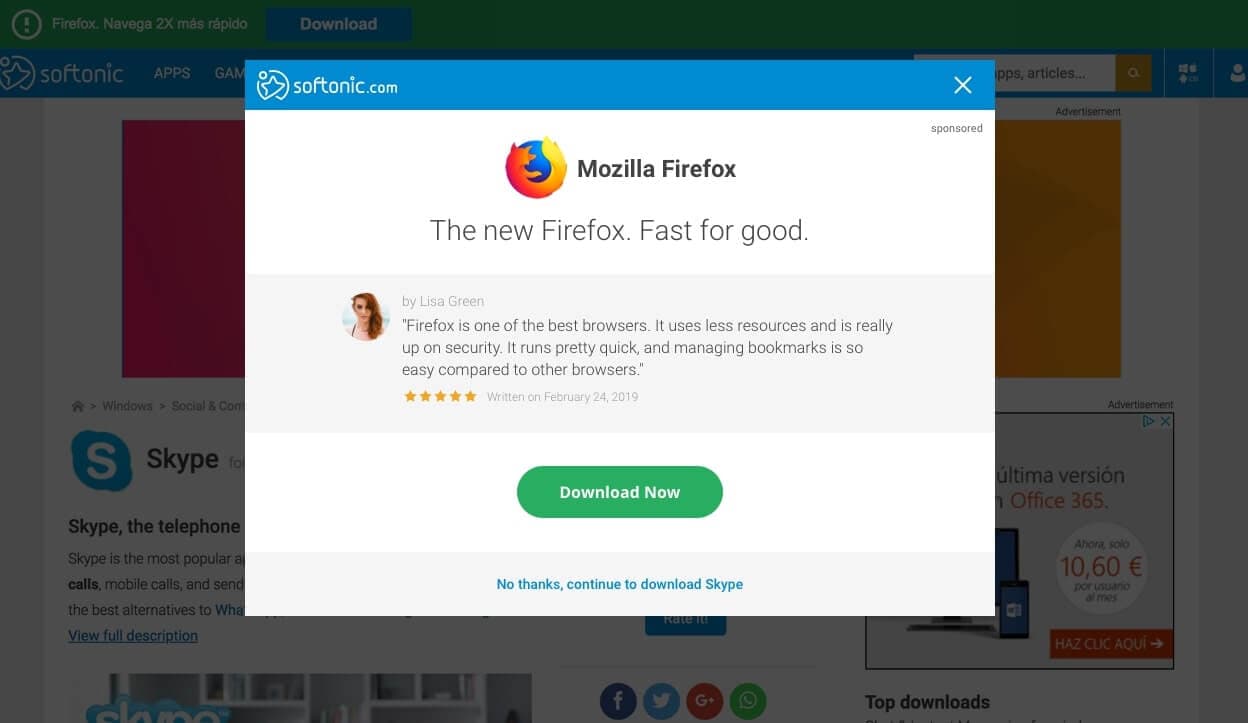 Softonic download intent modal with social proof, second variant