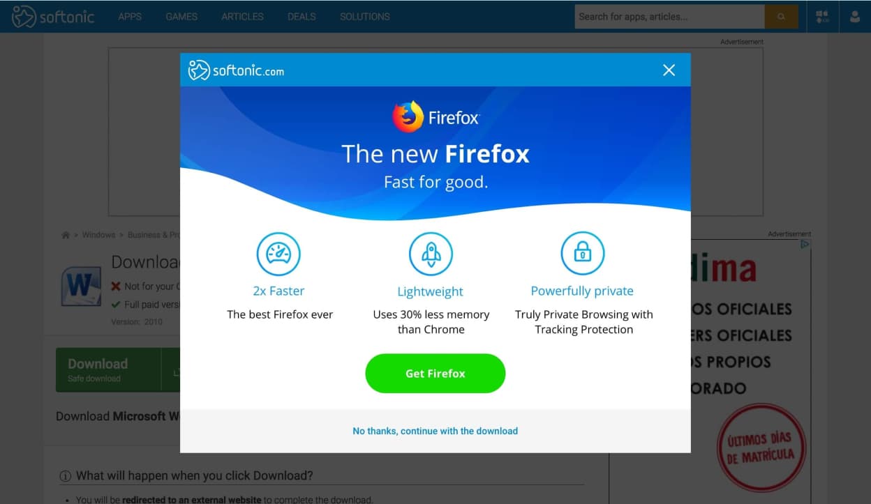 Softonic download intent modal using software brand marketing materials