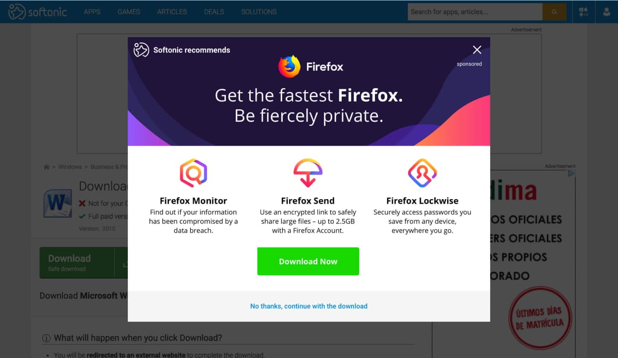 Softonic download intent modal using brand assets, second variant